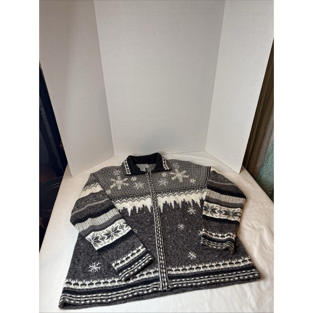 Vintage Carly St Claire Holiday Sweater M Zip Up Blk/Gray/White Snowflakes 2004.